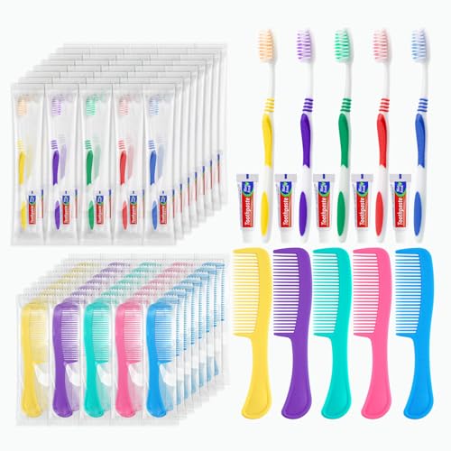 Disposable Toothbrushes with Toothpaste and Comb in Bulk Individually Wrapped Soft Bristle Travel Size Basic Hygiene Kits for Travel Hotel Camping Charity Homeless Shelter Donation in 5 colors (50)