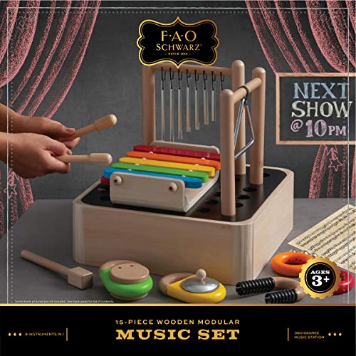FAO Schwarz 8-in-1 Wooden Modular Music Center, Instrument Kids Toy, Made from Solid Wood, Includes Marimba, Chimes, Triangle, Maraca, Bells, Cymbal, Castanet & More, Children Ages 3+