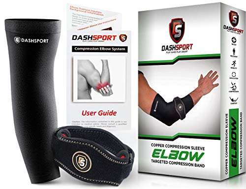Dashsport Elbow System Includes: (1) Copper Compression Elbow Sleeve And (1) Tennis Elbow Brace. Best Forearm Brace/Strap With Pad. Complete Support And Relief Of Golfer And Tennis Elbow. #TOP3