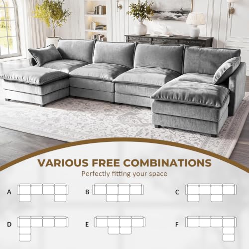 Image of 146 inch U-Shape Modular Sofa with 2 Ottomans, Deep Seat Cloud Convertible Sleeper, 2 Arm Pillows, Cozy Large Upholstered Furniture for Living Room Apartment, Dark Grey