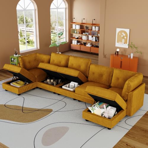 Image of LLappuil Modular Sectional Sofa with Storage, U-Shaped 7-Seat Corduroy Couch with 7 Throw Pillows, Pet-Friendly Convertible Sofa for Living Room & Apartment, Skin-Friendly, Yellow