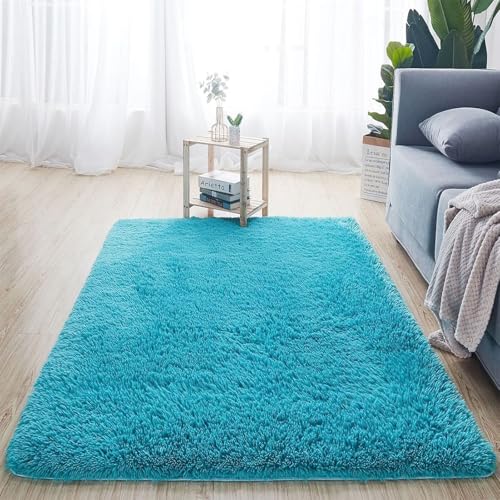 XUEDNGM Alfombras Salón Pelo Largo 200 x 280 cm Modernas Pelo Largo Lavables, Suave, Esponjosa, Antideslizante Alfombra Suave Rectangular Antideslizantes Alfombras para Salón, Azul Cielo