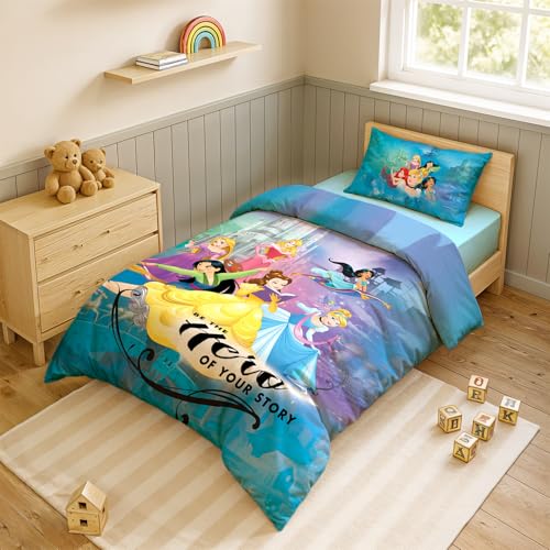 Image of Sassoon Disney Princess (Blue) Digital Printed, Cotton Single Bedsheet, 300 TC, 1 Pillow Cover, Fade Resistant, Bedsheet for Kid's Bedroom, (1.50m X 2.35m)
