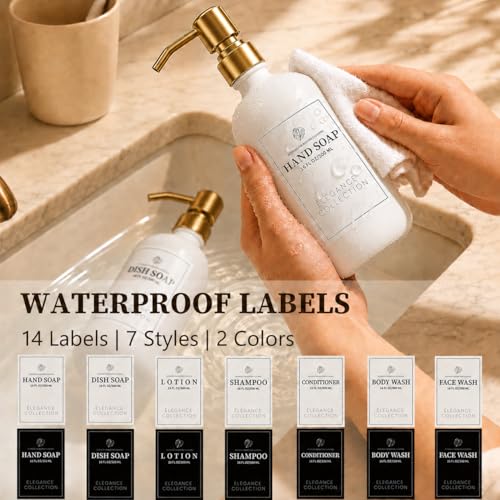 Image of Fachixy White Glass Soap Dispenser (2 Pack), 16 Fl Oz Hand & Dish Soap Dispenser Bottles Set with Leak-Resistant Stainless Steel Pump, Non-Slip Pad, 14 Waterproof Labels for Kitchen and Bathroom