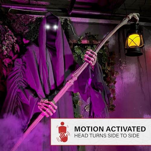Haunted Hill Farm Motion-Activated 6-Ft. Tall Ghostly Guide, Plug-in Talking Scare Prop Animatronic with Spooky Sound Effects and Lights for Indoor or Covered Outdoor Creepy Halloween Decoration