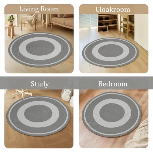 Image of Cotton Round Carpet 4x4 feet - Handmade Braided Boho Rug for Living Room, Bedroom & Balcony - Soft Washable Floor Mat, Color -Grey Silver