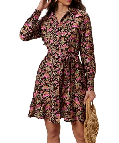 Image of Women's Long Sleeve Button Up Midi Belt Shift Collar Dress with Pockets for Work Office Business