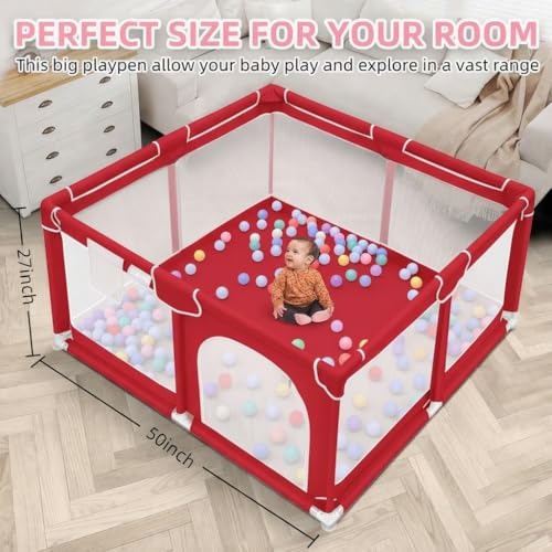 Image of ShivAnanta Foldable Baby Playpen Safety Fence for Kids Indoor Play Area with 30 Pit Ball Breathable Mesh, Anti Slip Base, Toddler Play Yard for Crawling, Playing & Learning Activity Play Center 3+ Years (Red)