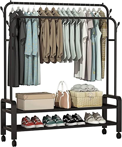 Perchero móvil con ruedas – Perchero 3 en 1 y estante de secado de metal con estantes de almacenamiento dobles y 4 ganchos para dormitorio y salón, color negro, 100 cm
