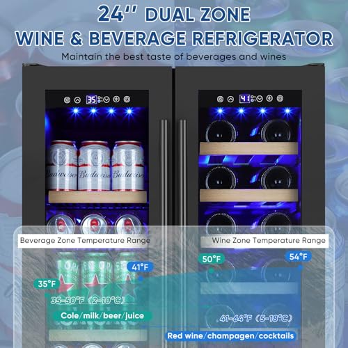 Image of Wine and Beverage Refrigerator 24 inch, Dual Zone Wine & Beverage Cooler with Glass Door and French Door, Built-In /Freestanding Wine and Beer Fridge Holds 21 Bottles & 88 Cans for Home /Bar - Black