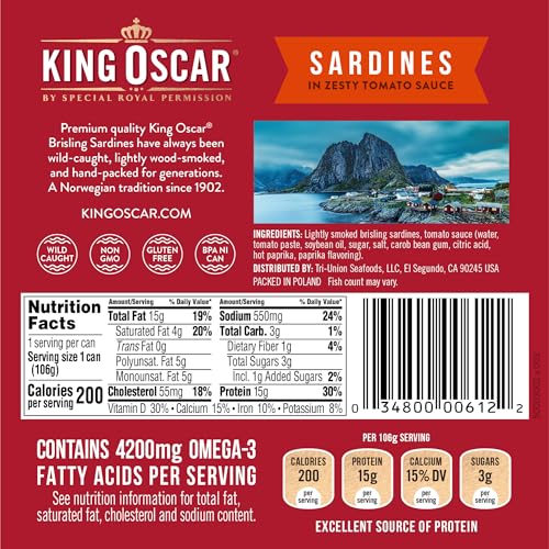 Image of King Oscar Premium Sardines in Zesty Tomato Sauce, 3.75 Ounce Cans (Pack of 12), Wild Caught Canned Sardines