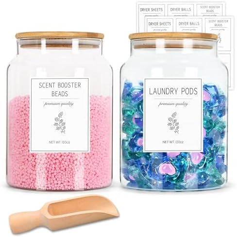 Glass Jars for Laundry Room Organization, 120oz Laundry Pods Container with Labels, Dryer Sheet Holder with Bamboo Lid, Storage Jars