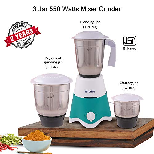 Image of Baltra Promo (550 Watt) Mixer Grinder 3 Steel Jars Turquoise & White(ISI Certified, 2year warranty with Doorstep Service)