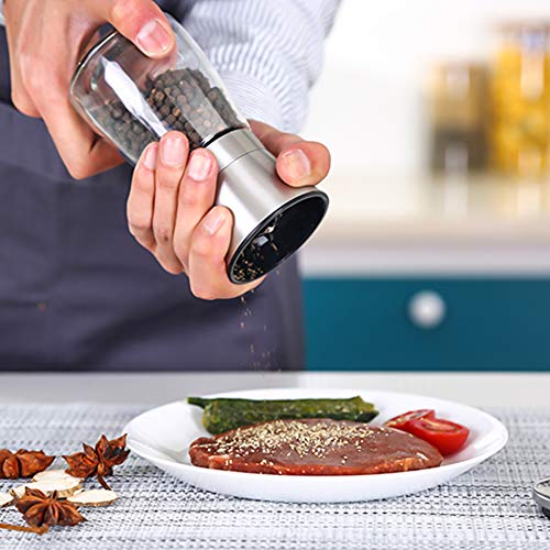 Salt and Pepper Grinder Set of 2, Adjustable Ceramic & Stainless Steel Mill Set, Glass Body Refillable Mill Shakers - Easy Clean Grinders with Silicon Funnel and Cleaning Brush