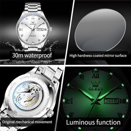 Image of OLEVS Automatic Watches for Men Self Winding Mechanical Wristwatch Luxury Business Dress Stainless Steel Luminous Waterproof Calendar Mens Watch