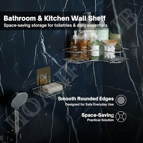 Image of No Drill Bathroom Combo 1 L Shape Corner Shelf & 2 Stickable SS Soap Holders with Drain Tray | Self Adhesive Wall Shelf Organizer for Kitchen & Bathroom Magic Sticker (Silver, Pack of 3)