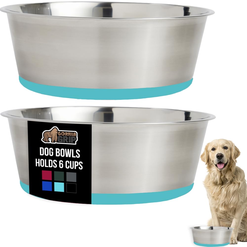 GORILLA GRIP Set of 2 Dog Bowls, Holds 6 Cups (48 fl oz), Heavy Duty Metal Food and Water Bowl for Feeding Dogs and Cats, Dishwasher Safe Rust Resistant Stainless Steel, BPA Free Rubber Base Turquoise