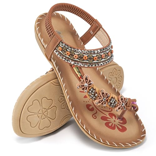 Image of Ablanczoom Flat Sandals for Women Summer: Casual Boho Beaded Toe Ring Dress Shoes - Comfortable Vacation Daily Walking Shoes