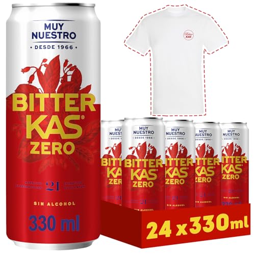 Bitter Kas Zero Refresco Amargo Sin Azúcar ni Calorías, Latas de 330 ml, Pack de 24 (7,92 L), Incluye camiseta de Regalo