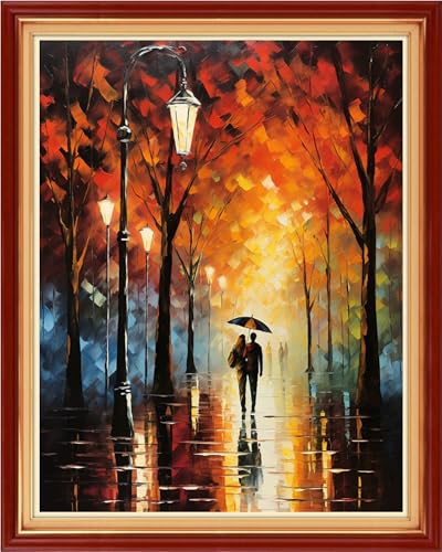 Image of Foxhool Stamped Cross Stitch Kits,11CT Printed Cross Stitch Pattern Full Embroidery Kits for Beginner Needlepoint Kits-Couples Strolling on Rainy Nights 16x20 inch