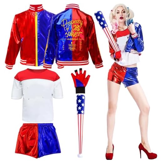 Disfraz de Quin-n Mujer, Disfraz de Cosplay Disfraz Para Mujer Chaqueta Camiseta Pantalones Cortos Guantes Bate Béisbol Inflable Disfraz Cosplay Disfraz de Quin-n Cosplay Carnaval Cosplay Fiesta