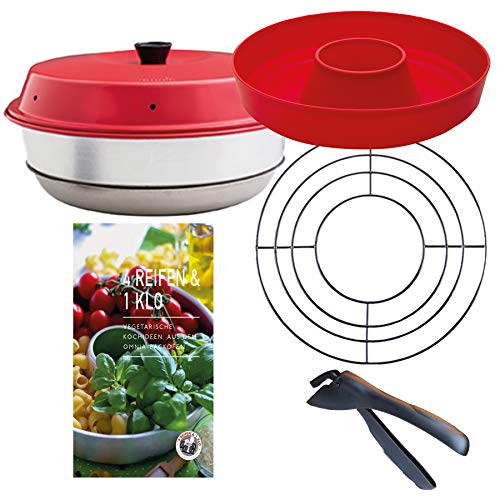 Omnia Backofen 5-teiliges Spar-Set | Backofen + Silikon-Backform 2.0 + Vegetarische Kochideen Kochbuch + Aufbackgitter + Haltezange für