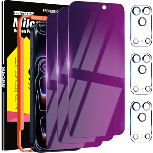 Milomdoi 3 Pack Gradient Colorful Privacy Screen Protector for iPhone 17 Pro Max [Anti-Blue Light Private Film] 3 Pacs Camera Lens Protector Accessories Case Friendly Anti-Spy Tempered Glass