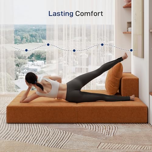 Image of Living&Giving Cloud Sectional Couch for Living Room, Modular Boneless Couch with 1 Ottoman, Middle-seat Can Be Combined with Modular Sofa, Customizable Layout for Any Space, Orange