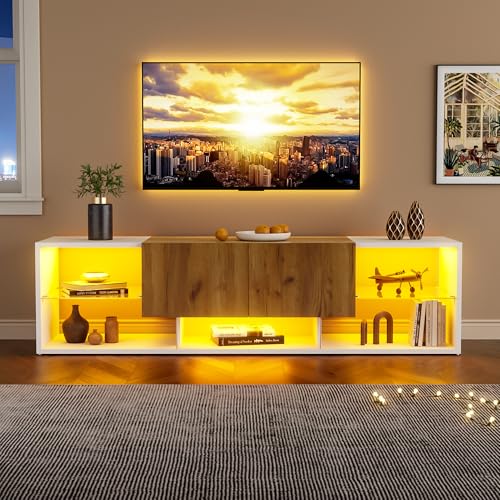 Meuble TV pour téléviseur 70 Pouces, Centre multimédia Haut avec éclairages LED et 2 Tiroirs, Console de Jeux avec Rangement pour PS5, Meuble TV Moderne...