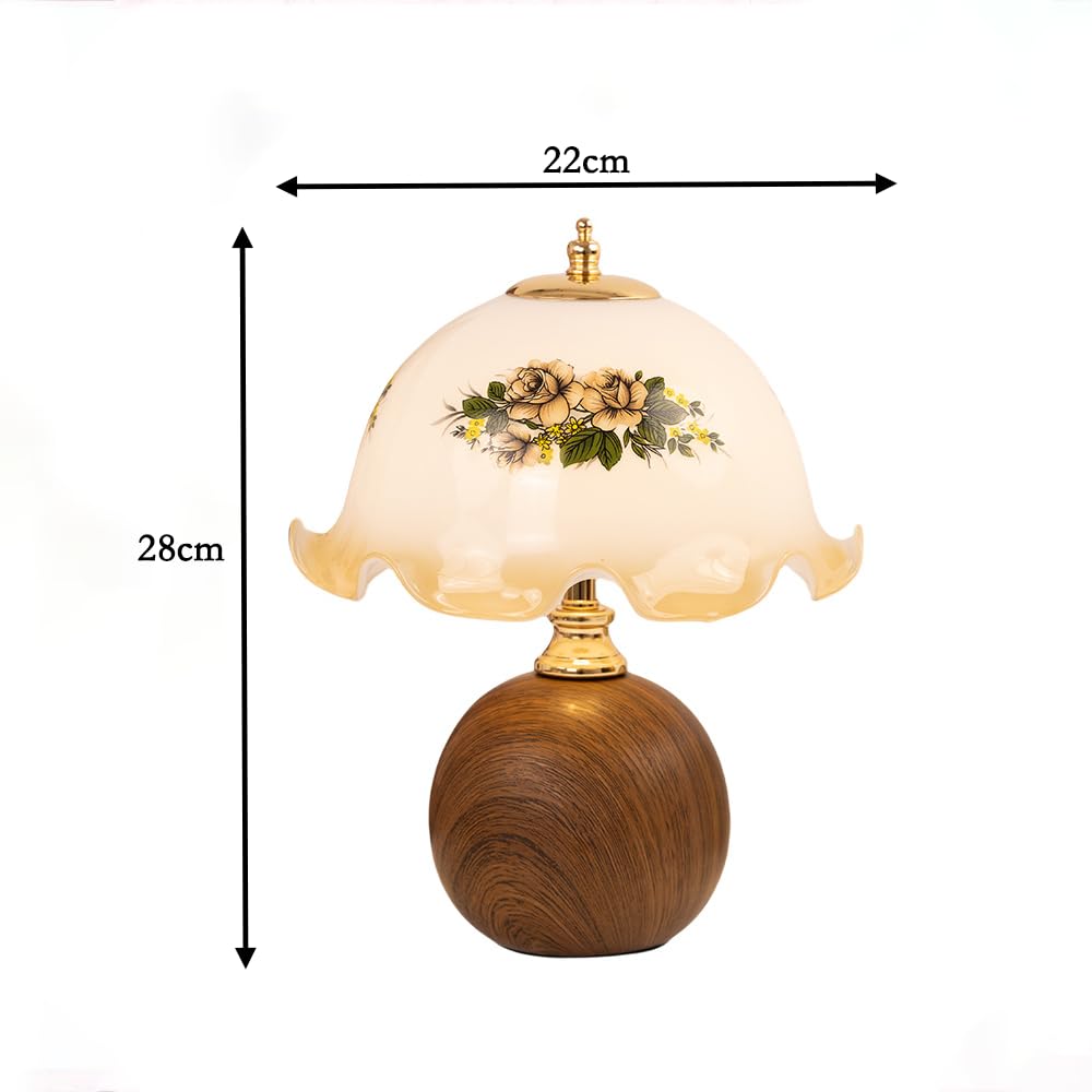 XINYASEE Vintage-Tischlampe mit Holzfuß und floralem Glasschirm, Retro-Nachttischlampe für Schlafzimmer, Wohnzimmer, Büro, Mid-Century-Modern-Dekor (A)