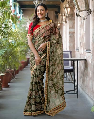 Image of SIRIL Women's Georgette Bandhani Printed Saree with Unstitched Blouse Piece
