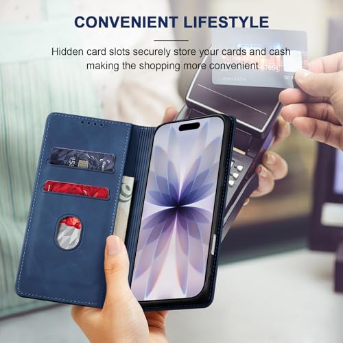 Image of Jasonyu Flip Wallet Case for iPhone 17,Leather Magnetic Folio Cover with Card Holder,Kickstand - TPU Shockproof Durable Protective Phone Case,Blue