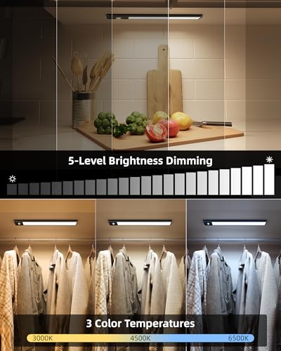 Image of EZVALO Under Cabinet Lighting, 3500mAh Rechargeable Motion Sensor Light Indoor, 3 Color Temps, 5-Level Dimmable Magnetic Wireless Closet Lights for Kitchen, Stairs (Black, 2 Pack)