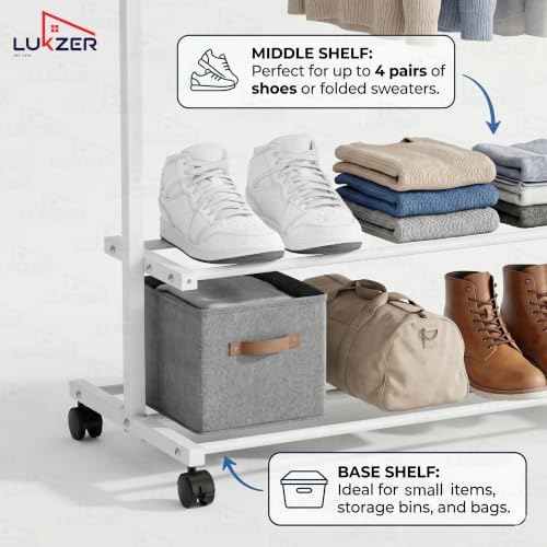 Image of Lukzer Single Rod Metal Garment Rack with Wheels & 2 Bottom Shelves, Portable Clothes Stand /Coat Hanger Rack with Shoe Storage for Bedroom, Entryway & Open Wardrobe (White /109x34x162 cm)