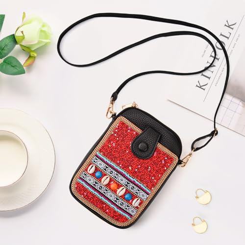 Image of Women's Small Crossbody Cell Phone Bag, Boho Colorful Beaded Purse Wallet with Handmade Cute Patterns