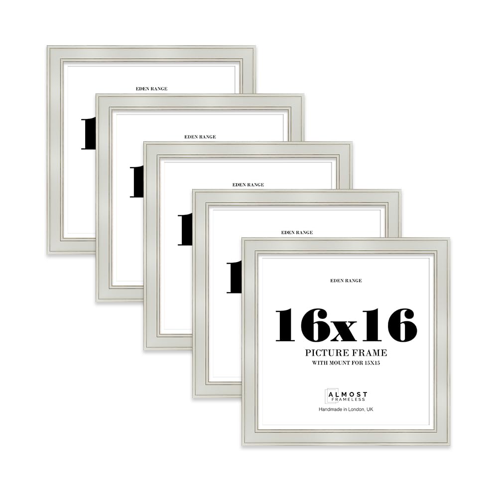 16x16" Light Grey Square Picture Frame with 15x15" Mount - Shabby Chic Photo Frame with Distressed Finish, Gold Trim, Wall Hooks, 37mm Edge - 5 Pack