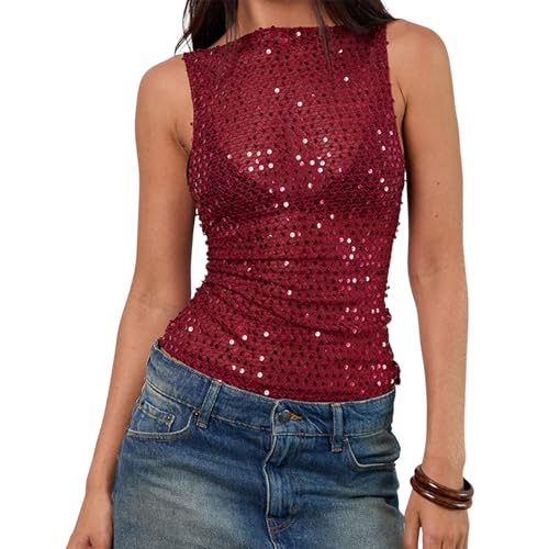 Felcia Damen Y2k Glitzerndes Durchsichtiges Crop Top Sexy Ärmelloses Slim Fit Tank Tops Stilvolle Party Disco Pailletten Shirts Clubwear S