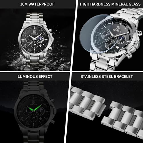 Image of BY BENYAR Men's Watches Waterproof Sport Military Watch for Men Multifunction Chronograph Black Fashion Quartz Wristwatches Calendar with Leather Strap
