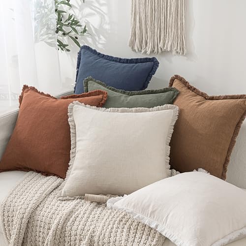 Image of MIULEE Decorative Throw Pillow Covers Neutral Linen Fringe Throw Pillows Set of 2 Brown Boho Farmhouse Cushion Covers with Tassels for Couch Sofa Bed Living Room Fall Home Decor 16x16 Inch