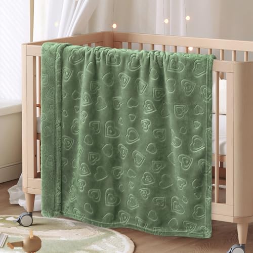 Image of BORITAR Baby Blanket with Heart Design for Girls Ultra Soft Fleece Warm and Lightweight Blankets for Infant Toddler Newborn, 30x40 Inch, Olive Green