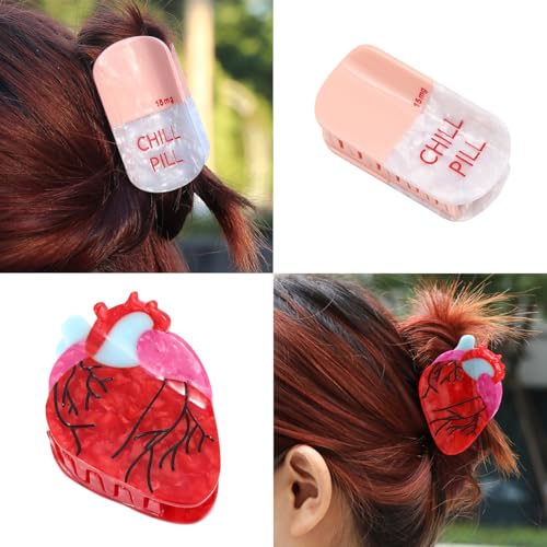Chill Pill Acetate Hair Claw Clip Pharmacy Claw Clip Anatomical Heart for Nurses Holiday, Personalized and Fun for women Gift (Pill Heart)