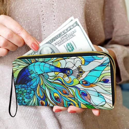 Peacock Leather Zip Around Wallet for Women Stained Glass Art Slim Billfold Wallets PU Leather, Color Bird Painting Long Travel Purse for Credit Card, Cash, Coin, Bill3
