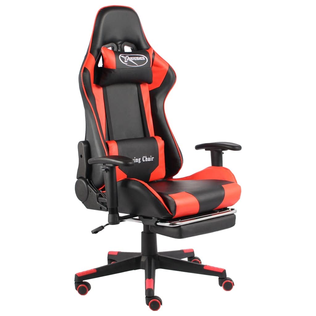 Höhenverstellbarer Gaming-Stuhl mit Fußstütze, Drehbar Rot PVC, hohe Rückenlehne mit 2 Kissen für Kopf und Taille, ergonomisch gepolsterter Sitz, verstellbare Rückenlehne