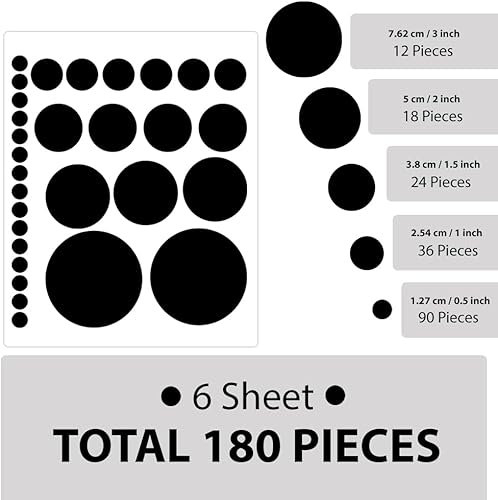 Miniatura 5 de BugyBagy - Calcomanías de lunares de varios tamaños, 180 unidades, mezcla de puntos negros, para decoración de habitación, decoración de vinilo
