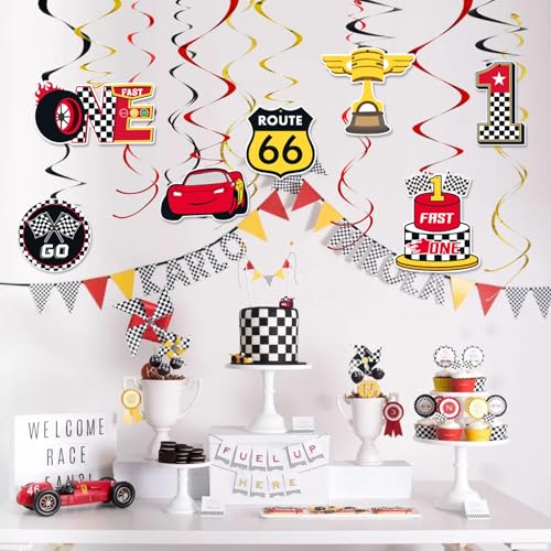Image of Black Red Yellow 1st Birthday Hanging Swirl Decorations-Race Car Ceiling Streamers,Race Car Theme Party Supplies,Party Favors(38 Pcs)