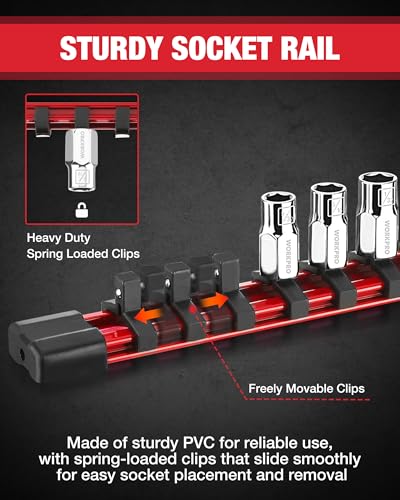 Image of WORKPRO 1 /4 inch Drive Socket Set, 10-Piece SAE Cr-V Socket Set with Organizer | Standard & Shallow Sockets, External Hex Socket, 5 /32 inch to 9 /16 inch, 6-Point, Size Markings, PVC Socket Rail, for Auto Repairs