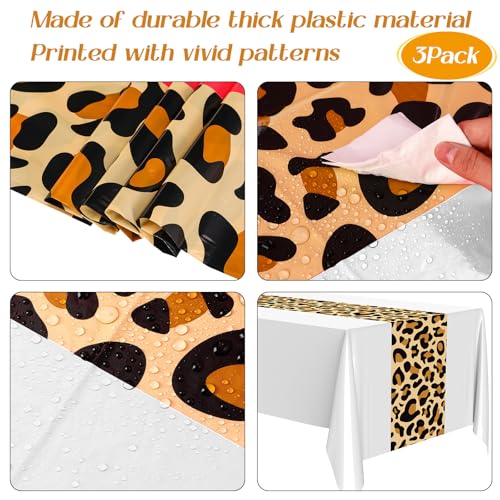 Image of Buryeah Leopard Print Tablecloth 54 x 108'' Leopard Plastic Table Cover Disposable Safari Animal Cheetah Print Party Decorations for Baby Shower Wedding Birthday Party Favors(White,3 Pcs)