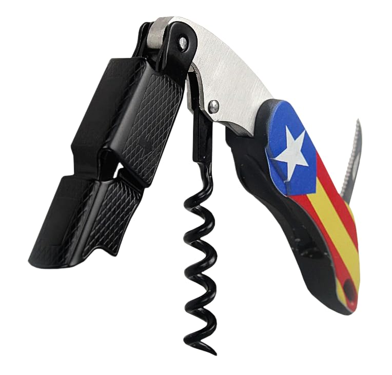 MSU Sacacorchos de dos tiempos Bandera Estelada, negro, acero inoxidable y ABS, espiral teflón, cuchilla sierra, compacto 12x3cm, ligero, apertura suave para vino