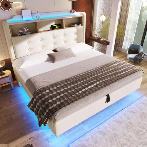 Sairedel Cama colgante de lino beige 140x200 - Tira LED integrada, almacenamiento multimedia, nichos multimedia y puertos USB/Type-C-Sin colchón