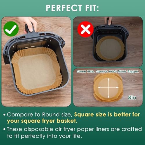 Image of 100 PCS 8 Inch Square Parchment Liners, Disposable Oil-Proof Non-Stick Baking Sheets for Frying, Roasting & Microwave Cooking (100 Air Fryer Paper Sheets)